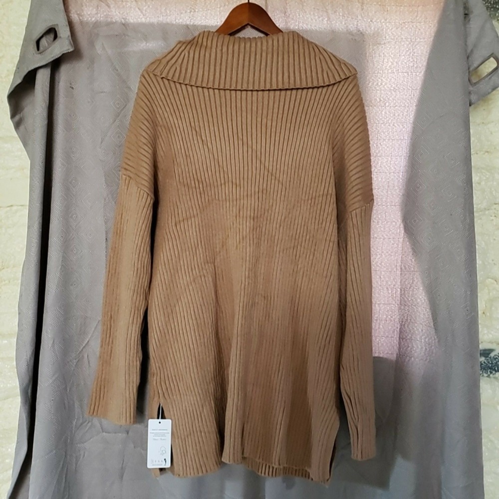 EFAN Sweater Tunic Womens XL Beige Cowl Neck Long Sleeve Ribbed Knit Pullover